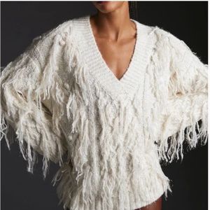 Anthropologie Ivory Fringe Oversized V neck Sweater w Sequins